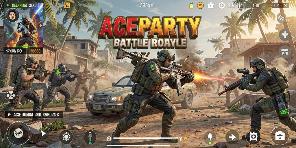 Tangkapan layar utama ACEPARTY menampilkan aksi seru Battle Royale di arena luas.