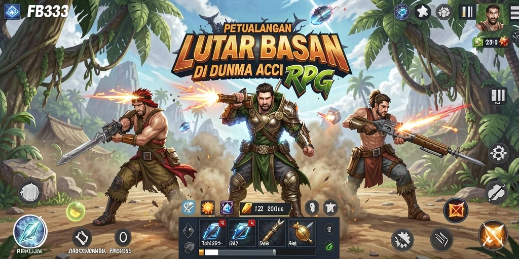 Tangkapan layar utama FB333 menampilkan aksi pertarungan seru di dunia fantasi.