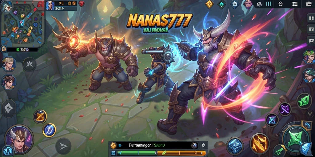 Screenshot NANAS777 menampilkan pertarungan seru antar karakter MOBA.