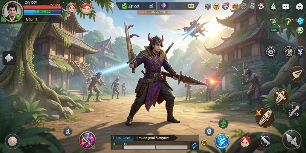 Tangkapan layar gameplay QQ1221 menunjukkan pertempuran strategi yang intens.