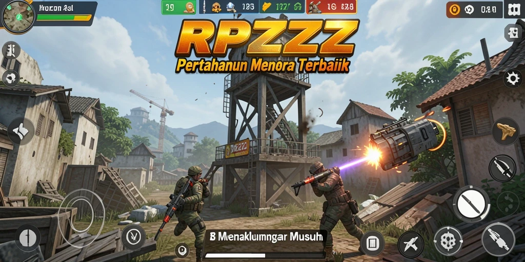Tangkapan layar utama RPZZZ menampilkan aksi permainan Tower Defense yang seru.