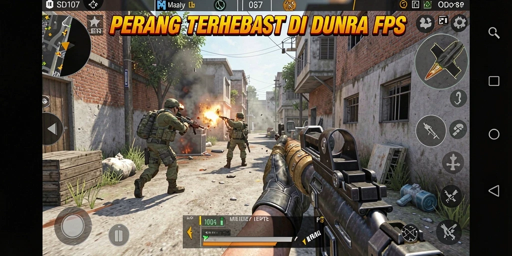 Tampilan gameplay menegangkan dalam SD107 dengan aksi FPS yang cepat.